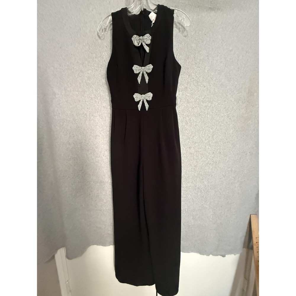 Entro Jumpsuit Womens Small Black Sleeveless High Neck Rhinestone Bow‎ Front